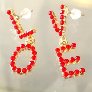 Red Rhinstone Dangling  Love Earrings New